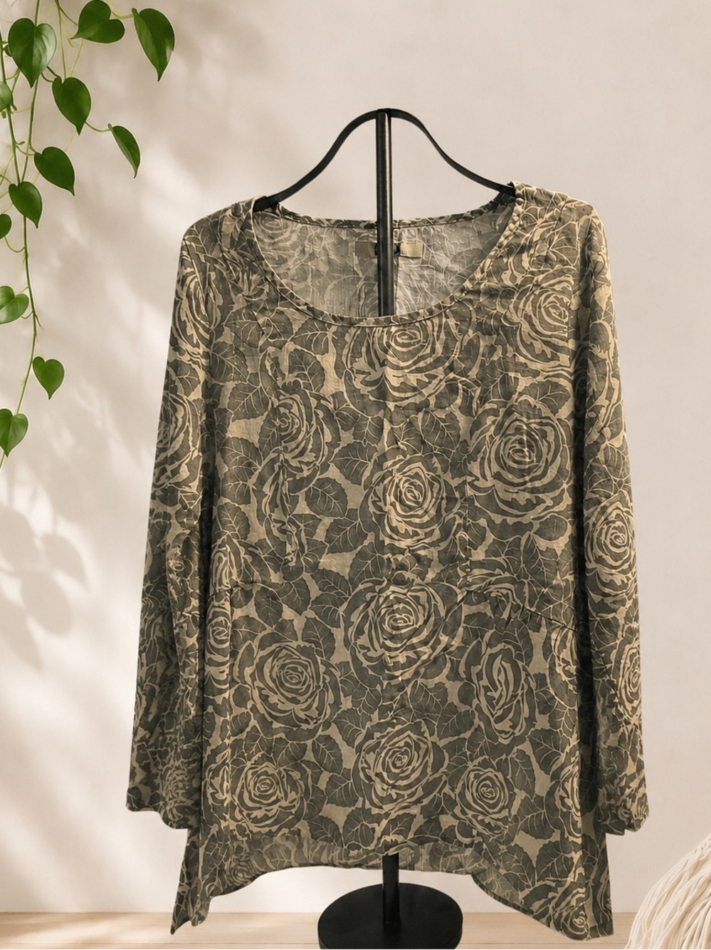 Flax 100% Linen Olive and Cream Floral Long-Sleeve Tunic-Small-NWOT